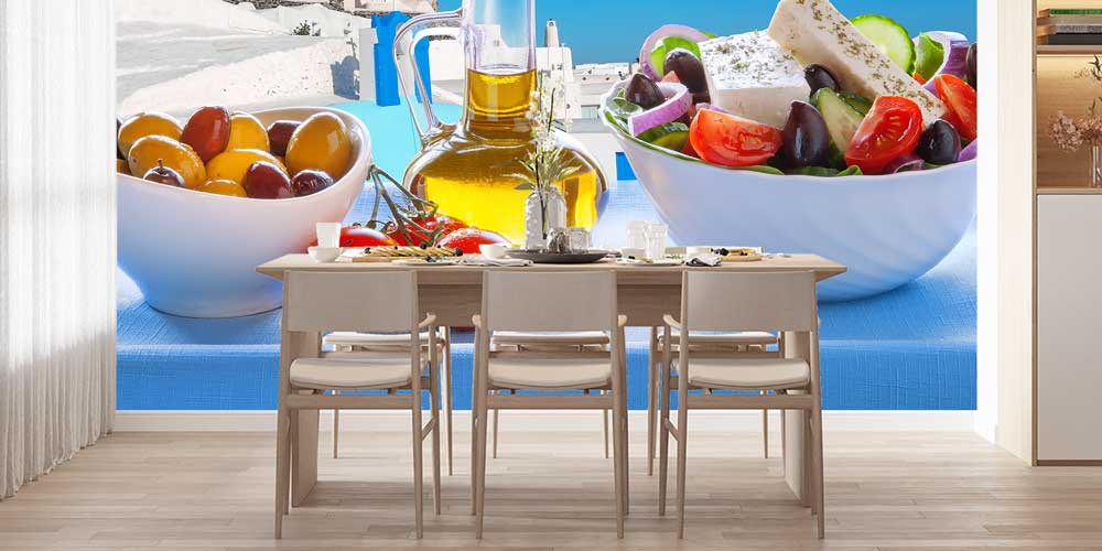 Akdeniz Salatası ve Zeytinyağı Temalı Yunan Manzaralı Duvar Kağıdı 12311