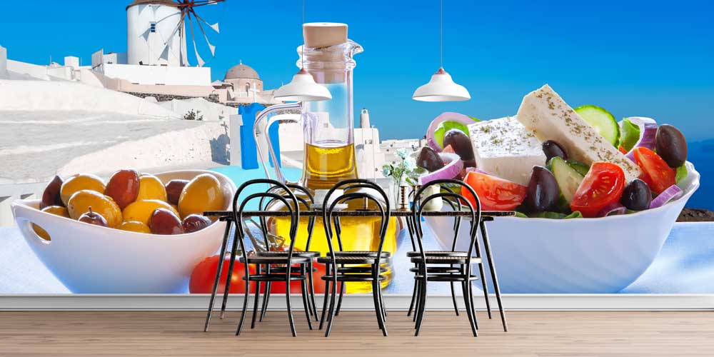 Akdeniz Salatası ve Zeytinyağı Temalı Yunan Manzaralı Duvar Kağıdı 12311