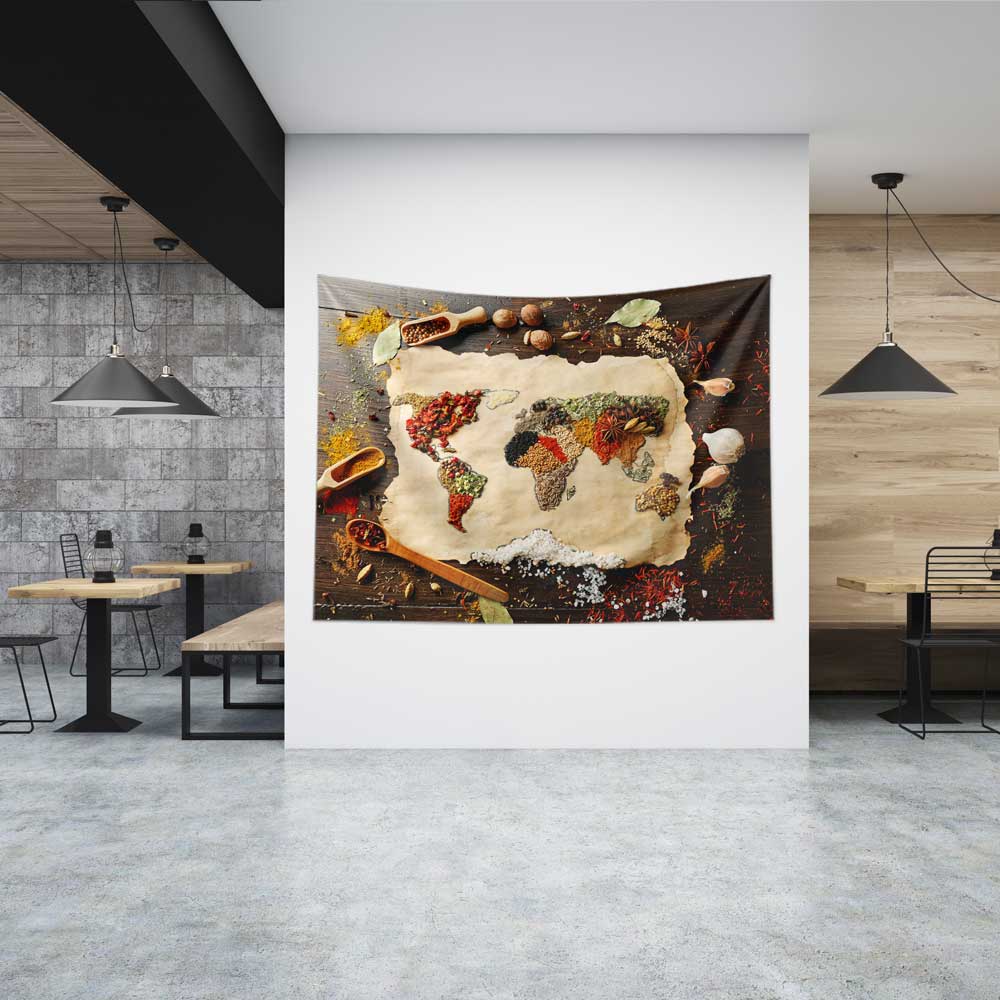 food-wall-art-decor-12496-00 Baharatlarla Oluşturulmuş Eski Dünya Haritası Duvar Örtüsü 12496