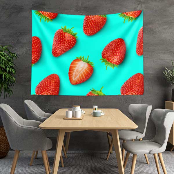 Turkuaz Zemin Üzerinde Çilek Desenli Duvar Örtüsü 12522