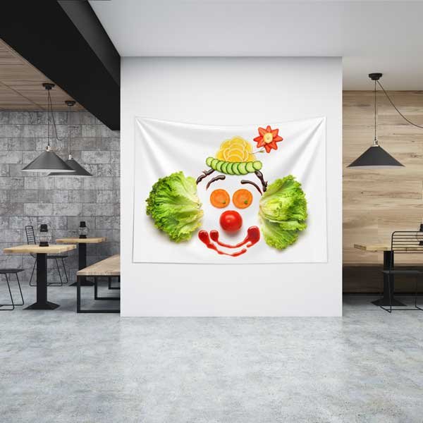 Sebzelerle Hazırlanmış Palyaço Yüzü Tasarımlı Sağlıklı Beslenme Duvar Örtüsü Kumaş Baskı 12594