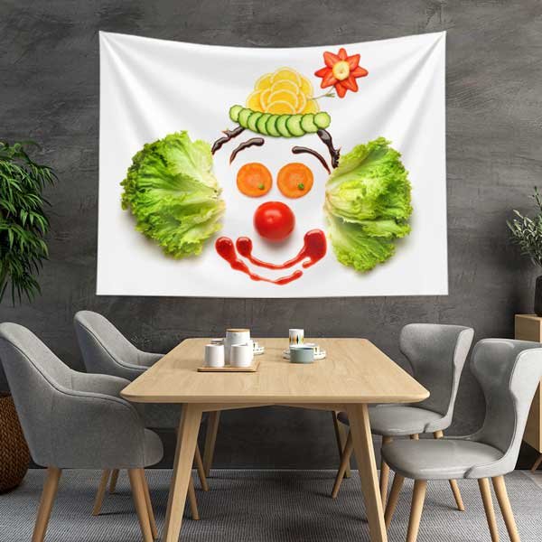 food-wall-art-decor-12594-01 Sebzelerle Hazırlanmış Palyaço Yüzü Tasarımlı Sağlıklı Beslenme Duvar Örtüsü Kumaş Baskı 12594