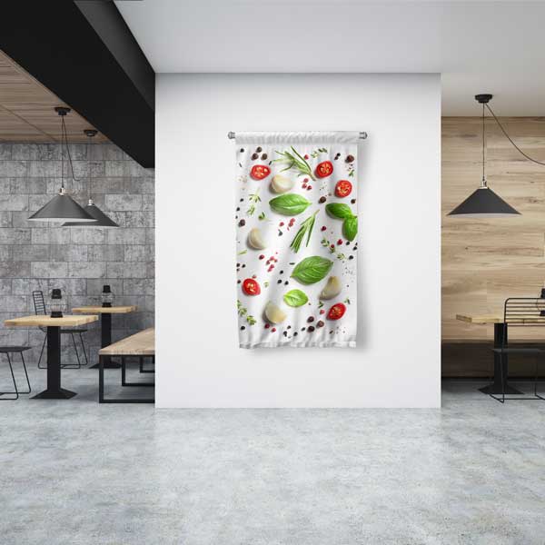 food-wall-art-decor-12603-00 Fesleğen ve Domates Desenli Mutfak Sanatı Duvar Flaması 12603