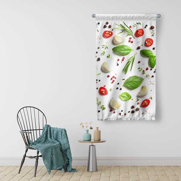 Fesleğen ve Domates Desenli Mutfak Sanatı Duvar Flaması 12603