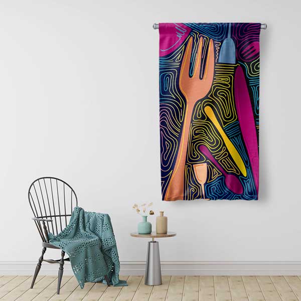 Renkli Çatal Bıçak Desenli Mutfak Sanatı Duvar Flaması 12607