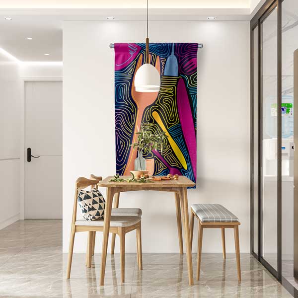 Renkli Çatal Bıçak Desenli Mutfak Sanatı Duvar Flaması 12607