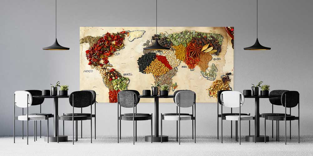 Baharatlarla Oluşturulmuş Dünya Haritası Temalı Büyük Ebat Duvar Dekoru – 12403