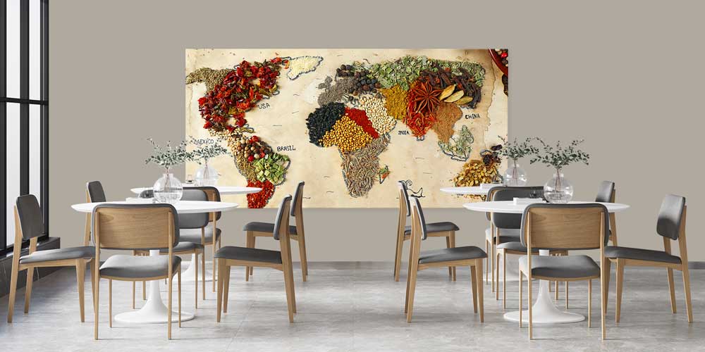 Baharatlarla Oluşturulmuş Dünya Haritası Temalı Büyük Ebat Duvar Dekoru – 12403