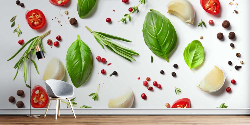 food-wallpaper-art-12314-00 Fesleğen ve Baharat Kompozisyonlu Mutfak Duvar Kağıdı 12314