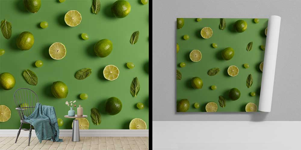 food-wallpaper-art-12319-01 Yeşil Limon ve Nane Yaprakları Temalı Ferah Mutfak Duvar Kağıdı 12319