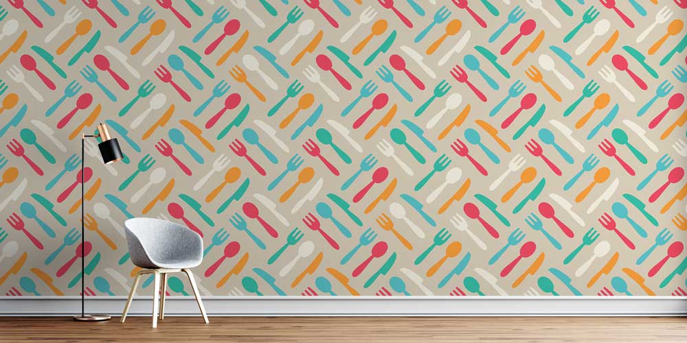 Renkli Çatal Kaşık Bıçak Desenli Modern Mutfak Duvar Kağıdı 12329