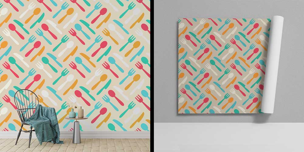 Renkli Çatal Kaşık Bıçak Desenli Modern Mutfak Duvar Kağıdı 12329