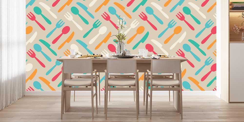 Renkli Çatal Kaşık Bıçak Desenli Modern Mutfak Duvar Kağıdı 12329