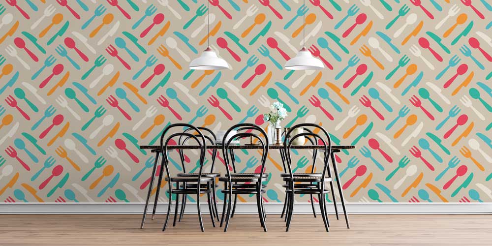 Renkli Çatal Kaşık Bıçak Desenli Modern Mutfak Duvar Kağıdı 12329