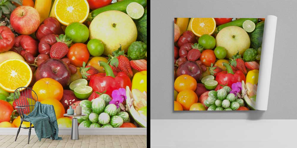 food-wallpaper-art-12335-01 Taze Meyve ve Sebze Temalı Renkli Mutfak Duvar Kağıdı 12335