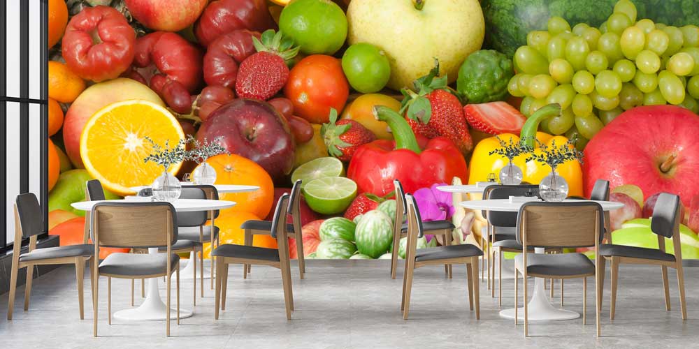 food-wallpaper-art-12335-02 Taze Meyve ve Sebze Temalı Renkli Mutfak Duvar Kağıdı 12335