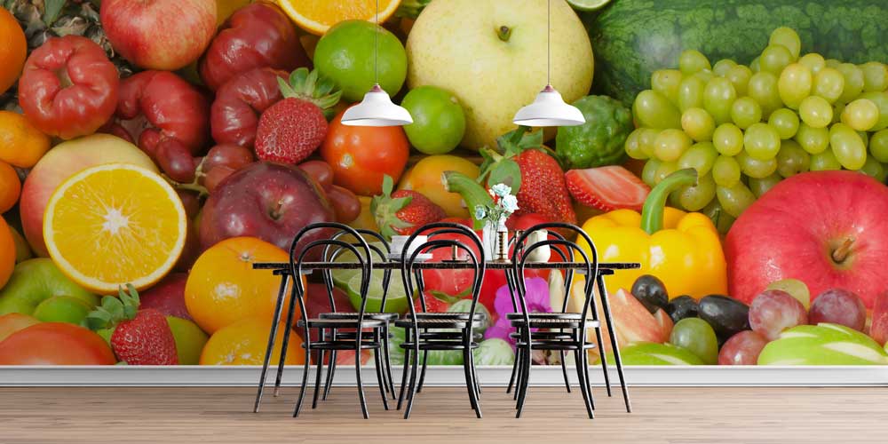 food-wallpaper-art-12335-04 Taze Meyve ve Sebze Temalı Renkli Mutfak Duvar Kağıdı 12335