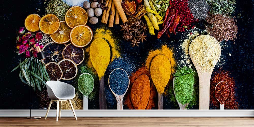 food-wallpaper-art-decor-12290-00 Renkli Baharat Kaşıkları Duvar Kağıdı 12290