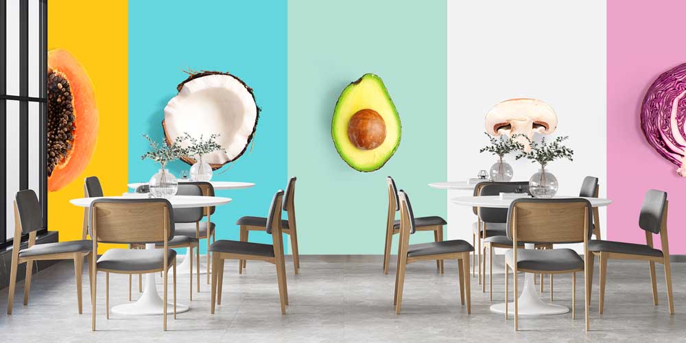 Renkli Zemin Üzerinde Meyve ve Sebze Desenli Modern Duvar Kağıdı 12324