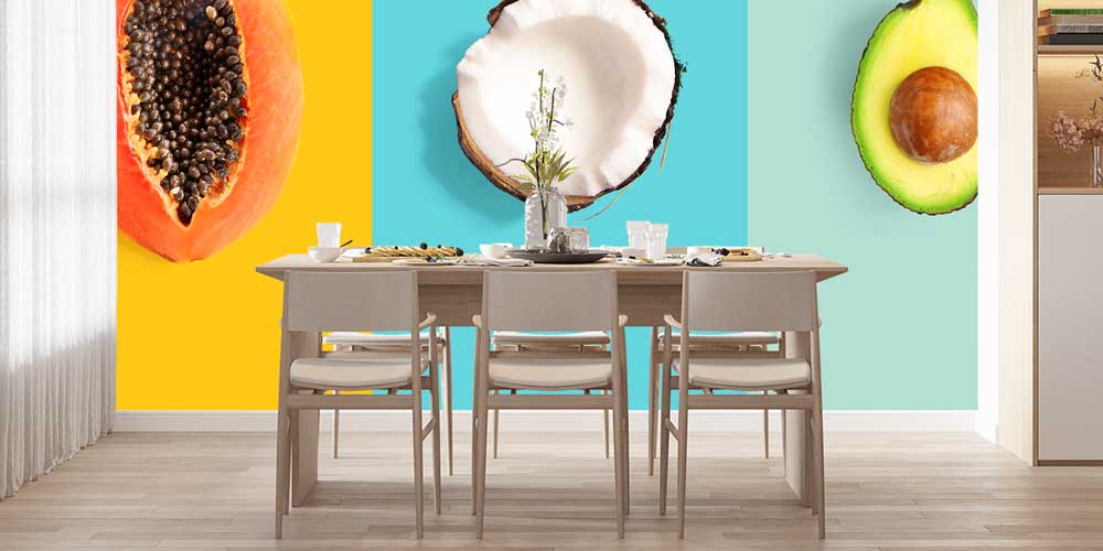 Renkli Zemin Üzerinde Meyve ve Sebze Desenli Modern Duvar Kağıdı 12324