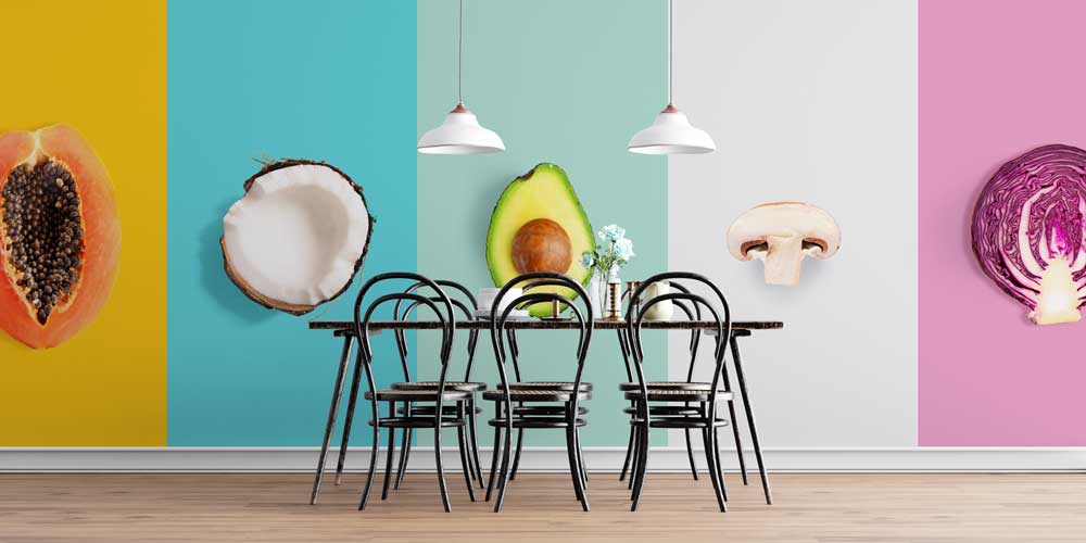 Renkli Zemin Üzerinde Meyve ve Sebze Desenli Modern Duvar Kağıdı 12324