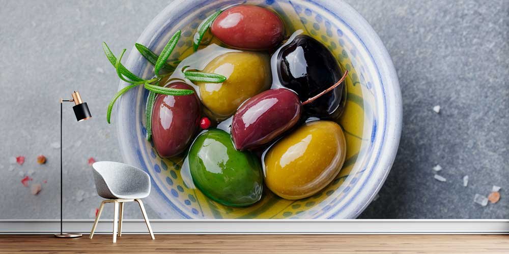 Zeytin ve Zeytinyağı Kompozisyonlu Mutfak Duvar Kağıdı 12309