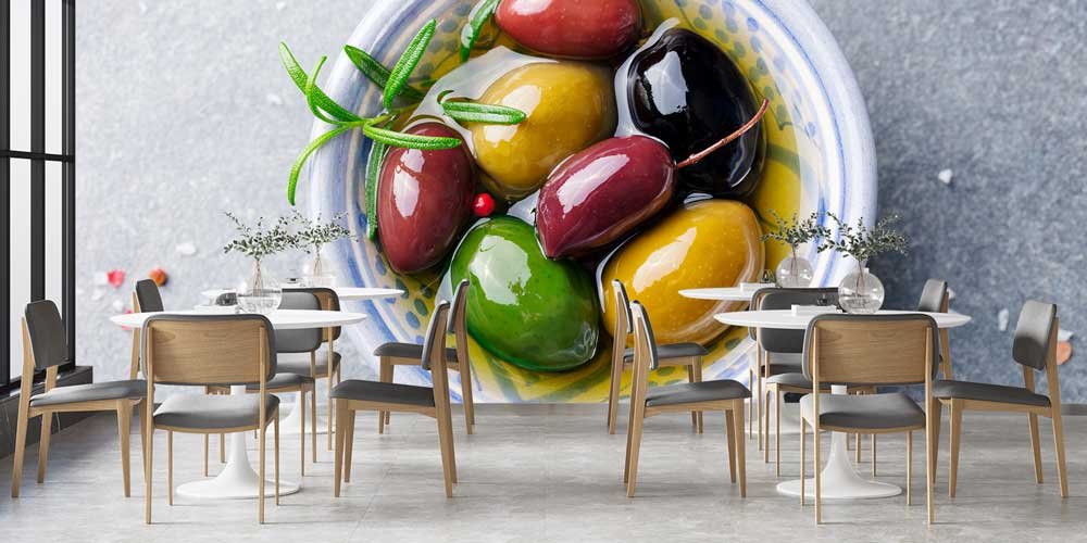 Zeytin ve Zeytinyağı Kompozisyonlu Mutfak Duvar Kağıdı 12309