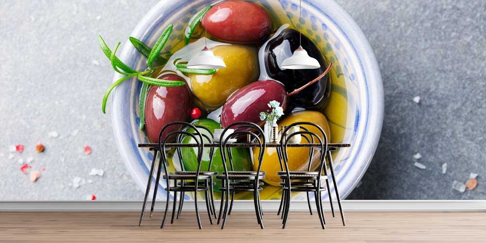 Zeytin ve Zeytinyağı Kompozisyonlu Mutfak Duvar Kağıdı 12309