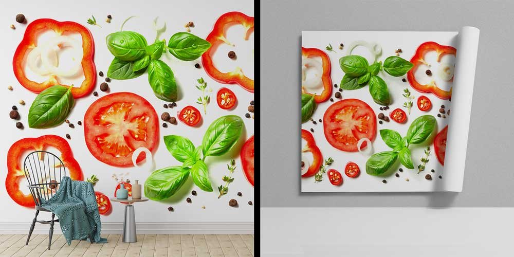 Domates, Biber ve Fesleğen Kompozisyonlu Mutfak Duvar Kağıdı 12315