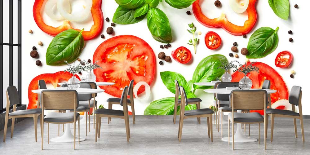 Domates, Biber ve Fesleğen Kompozisyonlu Mutfak Duvar Kağıdı 12315