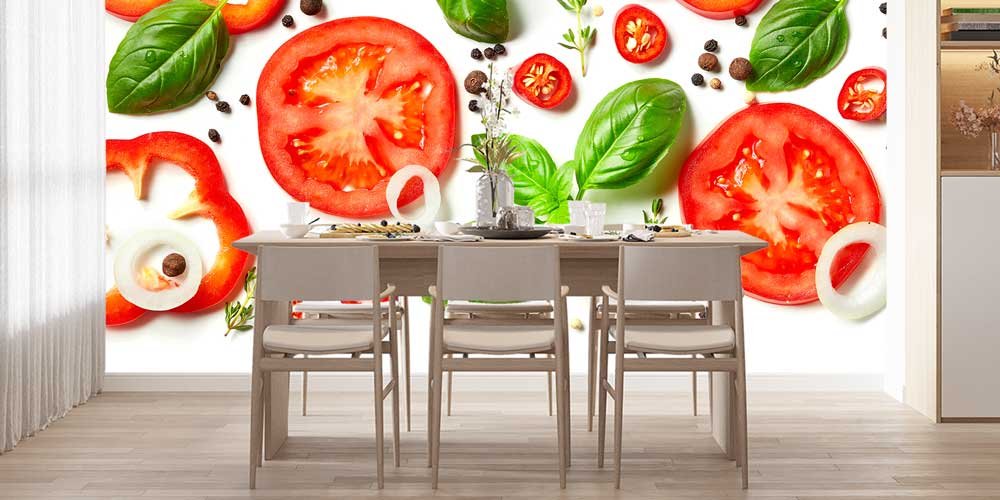 Domates, Biber ve Fesleğen Kompozisyonlu Mutfak Duvar Kağıdı 12315
