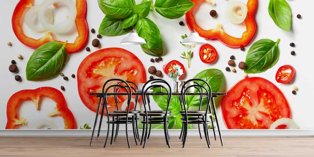 Domates, Biber ve Fesleğen Kompozisyonlu Mutfak Duvar Kağıdı 12315