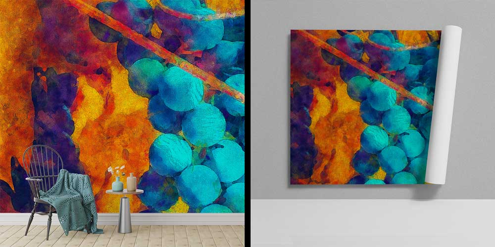 Soyut Mavi Üzümler ve Sıcak Tonlar Temalı Sanatsal Duvar Kağıdı 12322