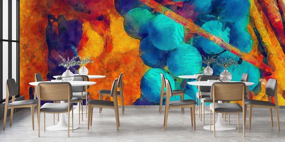 Soyut Mavi Üzümler ve Sıcak Tonlar Temalı Sanatsal Duvar Kağıdı 12322