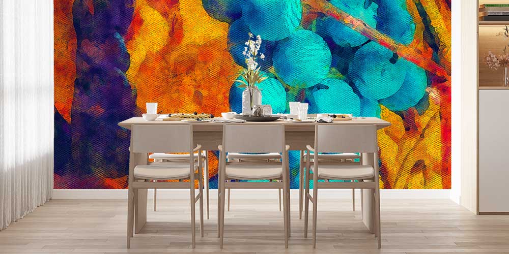 Soyut Mavi Üzümler ve Sıcak Tonlar Temalı Sanatsal Duvar Kağıdı 12322