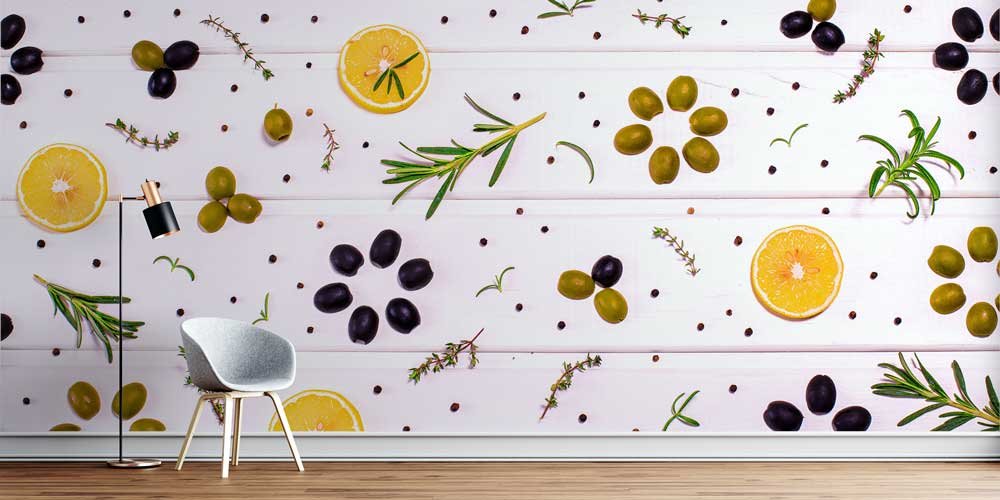 food-wallpaper-decor-12327-00 Zeytin, Limon ve Baharat Desenli Akdeniz Tarzı Duvar Kağıdı 12327