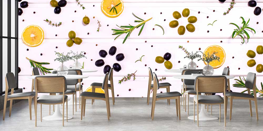 food-wallpaper-decor-12327-02 Zeytin, Limon ve Baharat Desenli Akdeniz Tarzı Duvar Kağıdı 12327