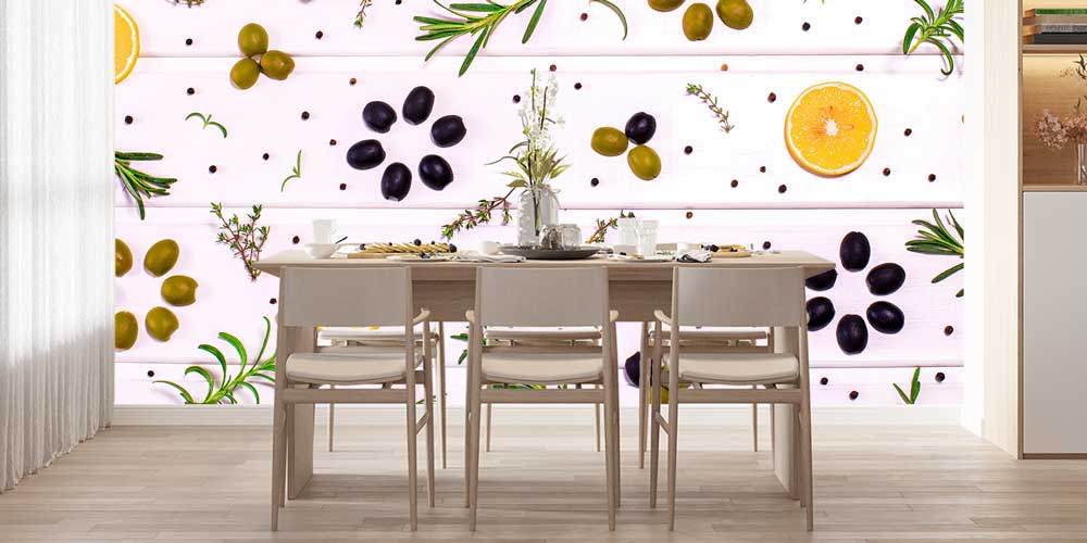 food-wallpaper-decor-12327-03 Zeytin, Limon ve Baharat Desenli Akdeniz Tarzı Duvar Kağıdı 12327