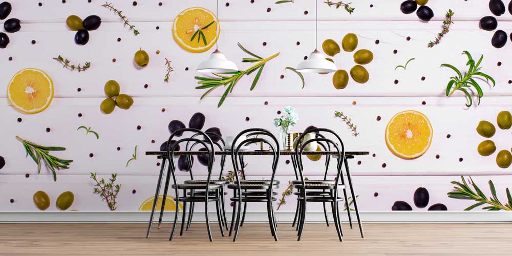 food-wallpaper-decor-12327-04 Zeytin, Limon ve Baharat Desenli Akdeniz Tarzı Duvar Kağıdı 12327