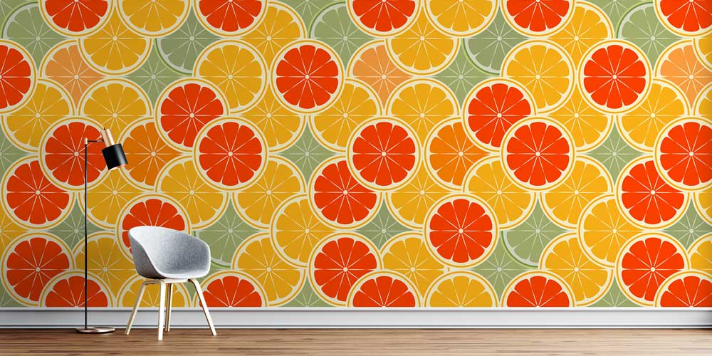 Renkli Narenciye Dilimleri Desenli Retro Duvar Kağıdı 12328