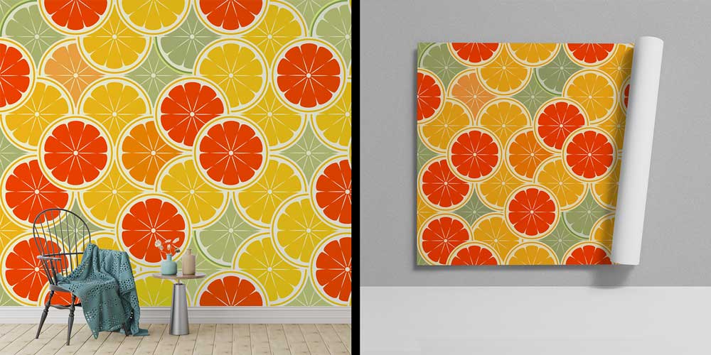 food-wallpaper-decor-12328-01 Renkli Narenciye Dilimleri Desenli Retro Duvar Kağıdı 12328