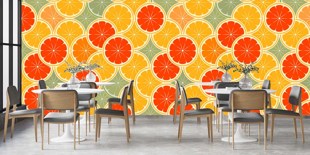food-wallpaper-decor-12328-02 Renkli Narenciye Dilimleri Desenli Retro Duvar Kağıdı 12328