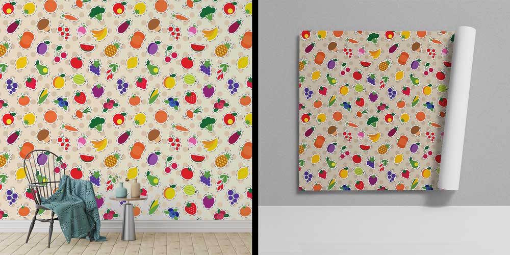 Renkli Meyve ve Sebze Desenli Eğlenceli Mutfak Duvar Kağıdı 12330
