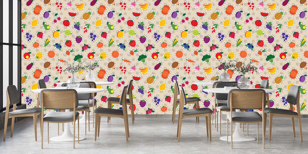 Renkli Meyve ve Sebze Desenli Eğlenceli Mutfak Duvar Kağıdı 12330