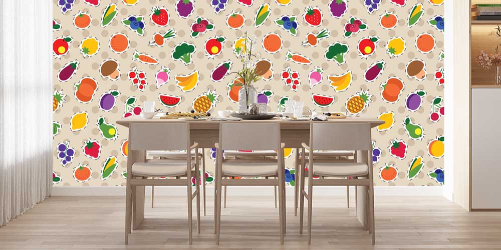 Renkli Meyve ve Sebze Desenli Eğlenceli Mutfak Duvar Kağıdı 12330