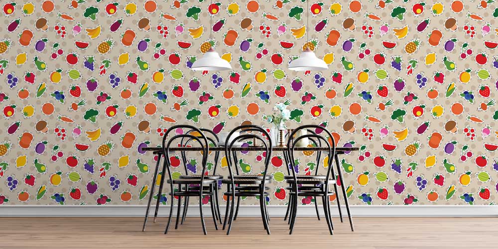 Renkli Meyve ve Sebze Desenli Eğlenceli Mutfak Duvar Kağıdı 12330