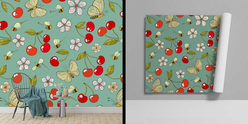 Kelebek ve Kiraz Desenli Neşeli Mutfak Duvar Kağıdı 12333