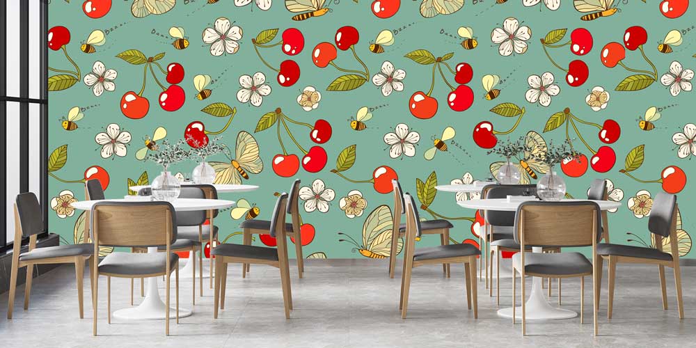 Kelebek ve Kiraz Desenli Neşeli Mutfak Duvar Kağıdı 12333