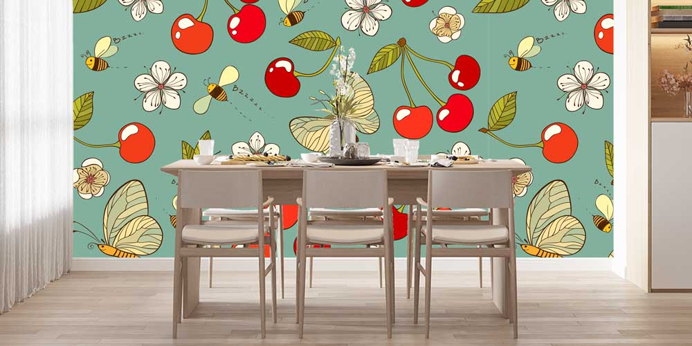 Kelebek ve Kiraz Desenli Neşeli Mutfak Duvar Kağıdı 12333