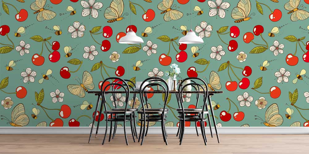Kelebek ve Kiraz Desenli Neşeli Mutfak Duvar Kağıdı 12333